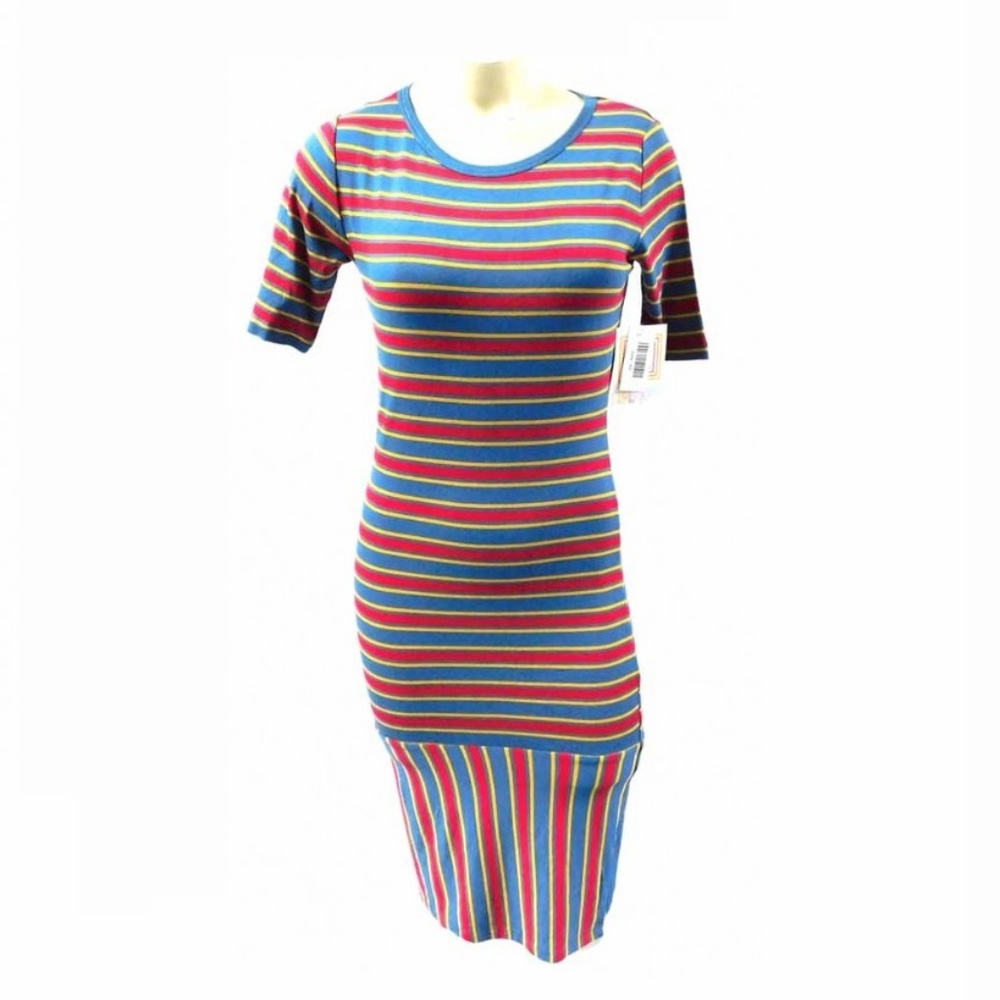 LuLaRoe Julia Dress Size XS Stripes Red Blue Gold